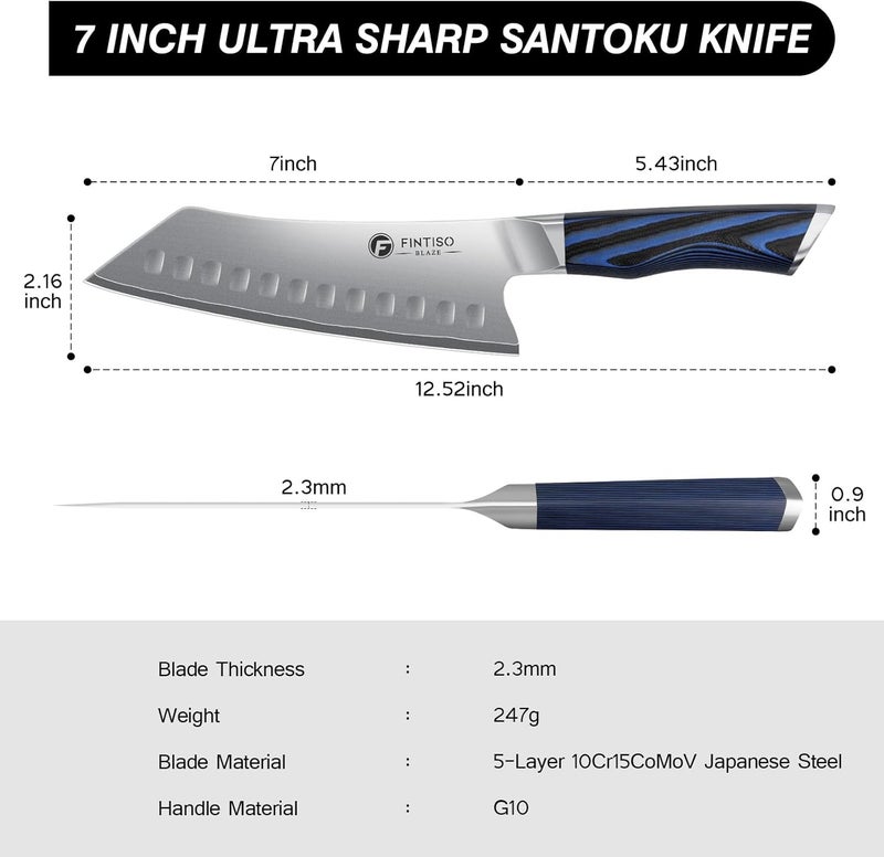 FINTISO 7 Inch Santoku Knife, Ultra Sharp Chef Knife with G10 Handle, High-End 5 Layers 10Cr15CoMoV Japanese Stainless Steel Kitchen Knife, Professional Cutting Knife for Vegetables and Meat - Image 4